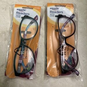 2 New Equate Readers With Case +2.00 Blue And Purple , Never Opened